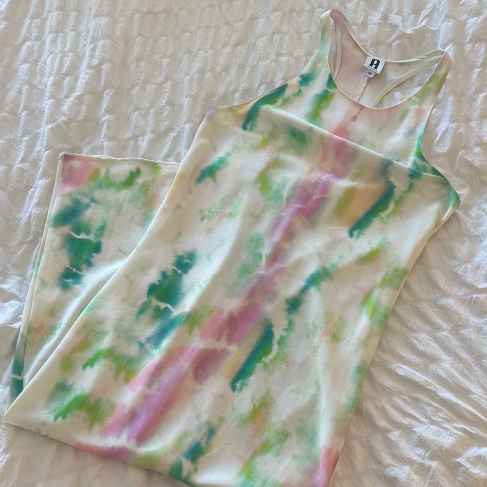 Tie-Dye Midi Dress in Green, Pink, and White